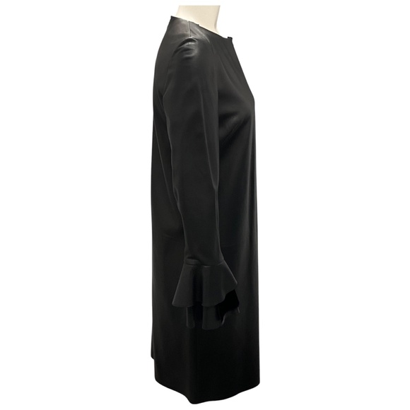 RALPH LAUREN COLLECTION BLACK RUFFLED DETAIL LAMBSKIN LEATHER DRESS WITH VELVET - Picture 2 of 5